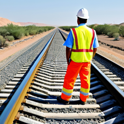 Home 10 Civil Engineer Inspecting Railway**
"A professional civil engineer, fully clothed in appropriate work attire (hard hat, safety vest, modest clothing), inspecting railway tracks in a desert landscape. Safe for work. Correct proportions, perfect anatomy, well-formed hands. Professional photography, high quality."
**