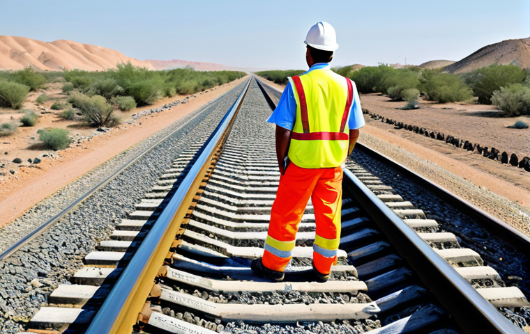 Civil Engineer Inspecting Railway**

"A professional civil engineer, fully clothed in appropriate work attire (hard hat, safety vest, modest clothing), inspecting railway tracks in a desert landscape. Safe for work. Correct proportions, perfect anatomy, well-formed hands. Professional photography, high quality."

**
